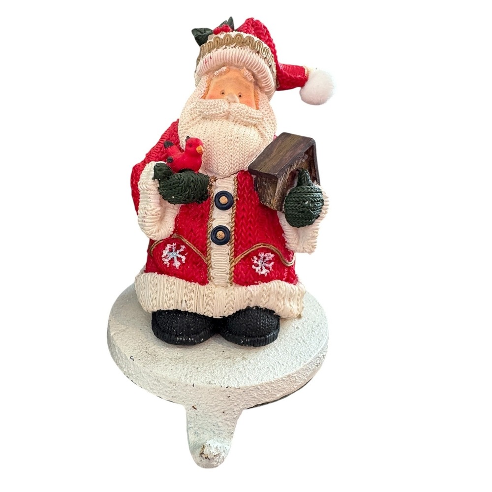 Santa Claus Stocking Hanger with Cardinal and Birdhouse‎ Knit Texture Resin